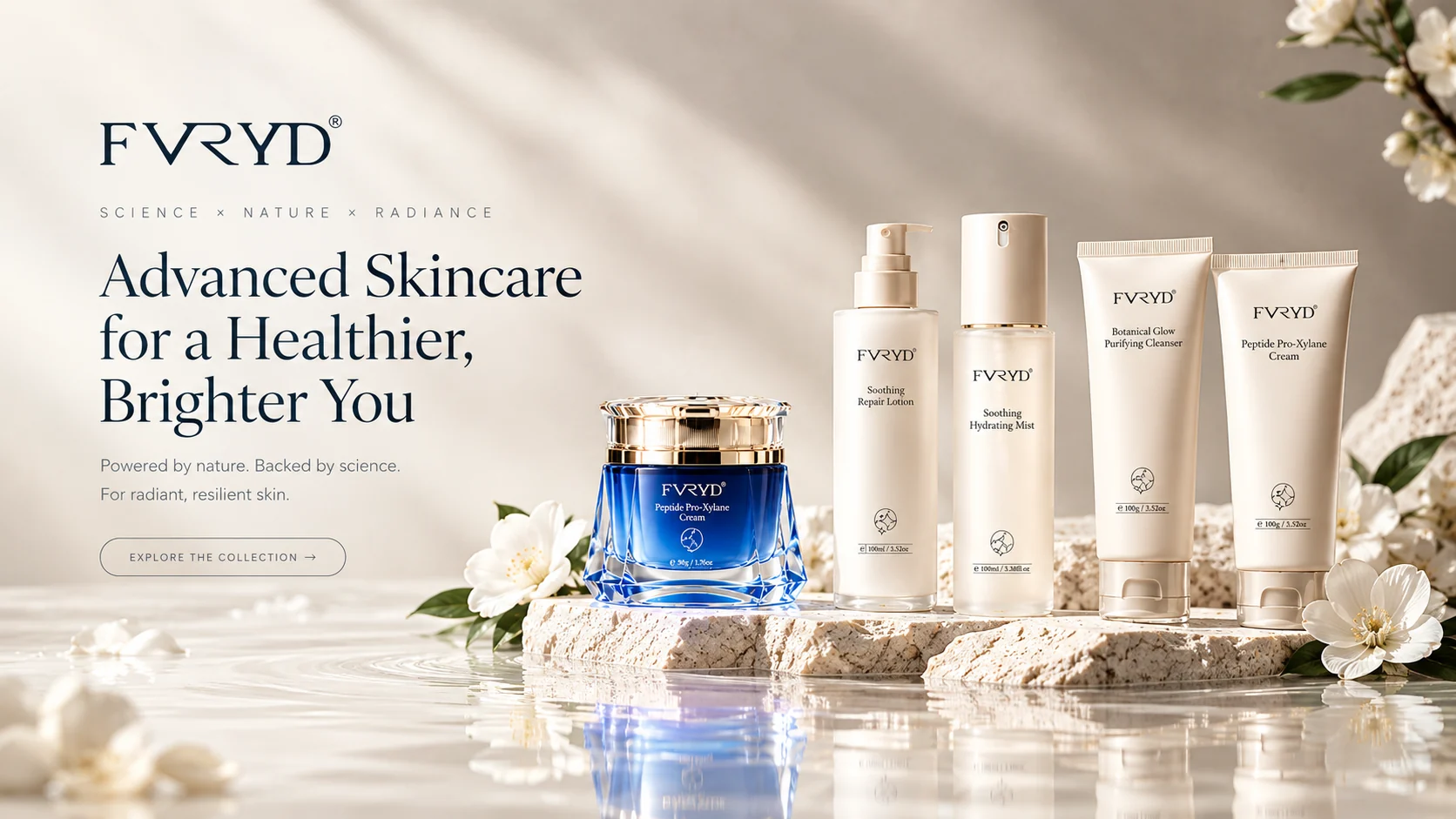 FVRYD skincare collection on stone, with the line Advanced Skincare for a Healthier, Brighter You