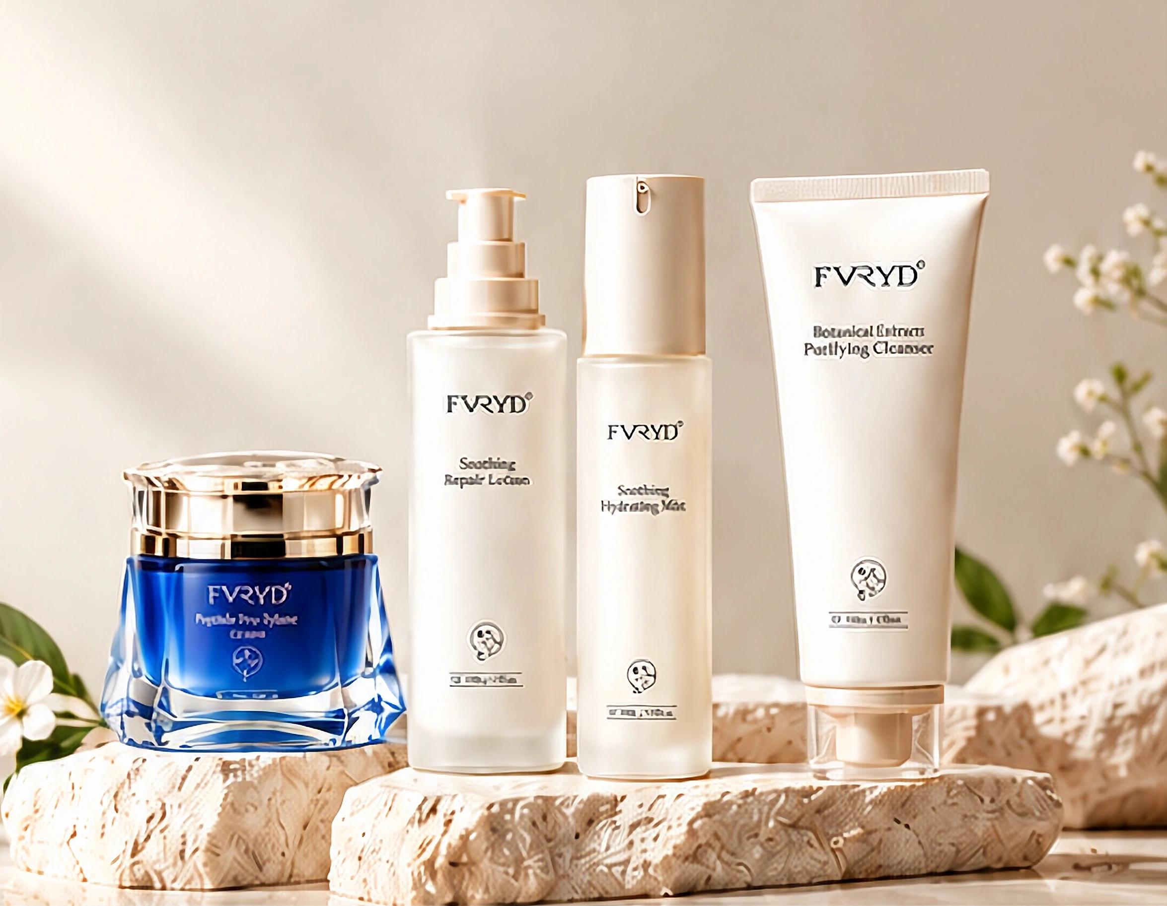 FVRYD peptide skincare collection arranged on travertine stone