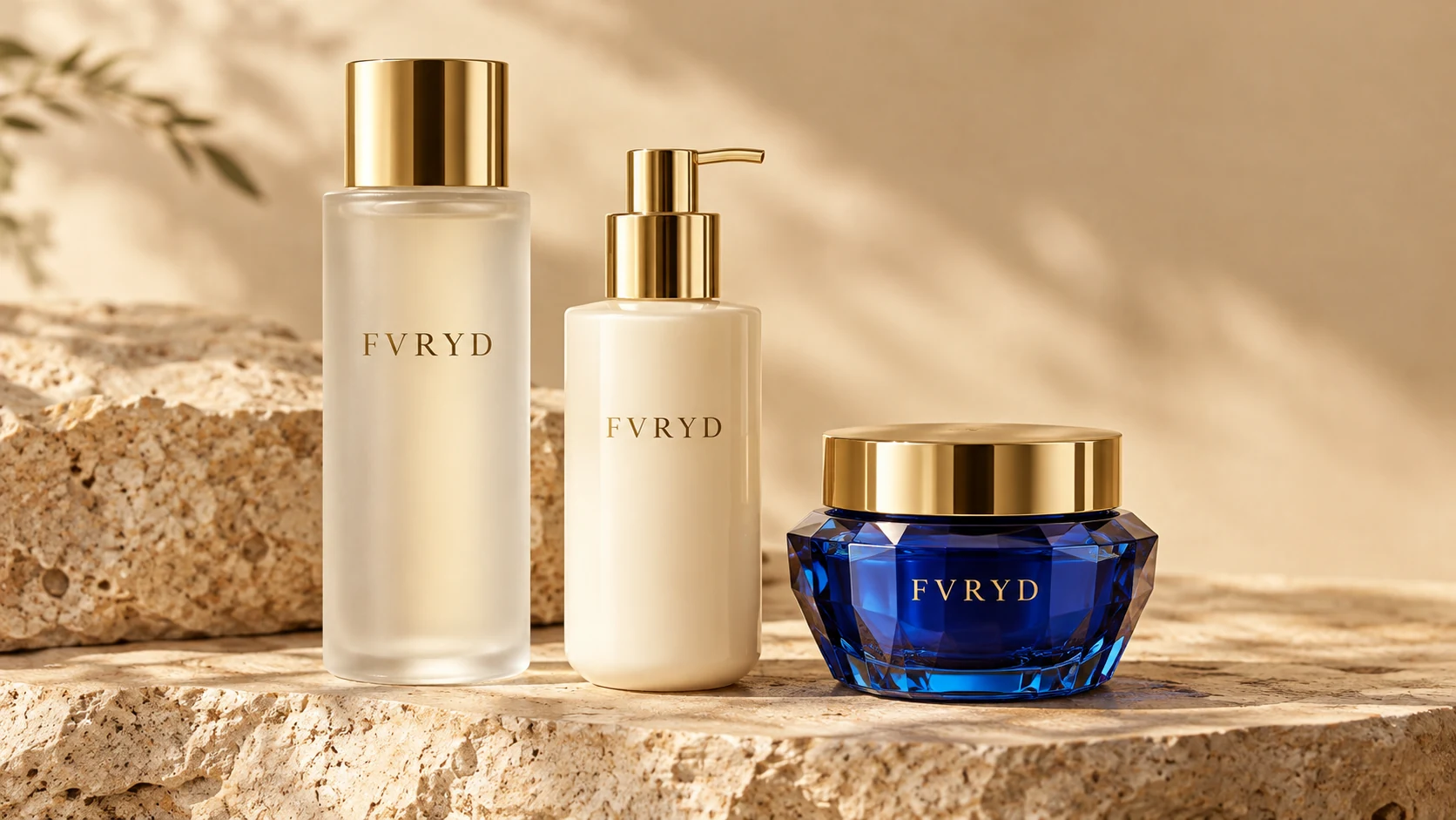 FVRYD toner, lotion and cream bottles on travertine stone